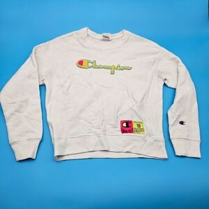 Champion Reverse Weave White Sweatshirt With Colorful Logo Embroidery Small Size